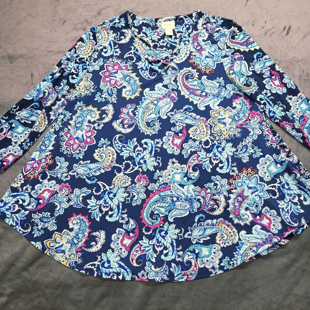 Chicos Size 0 Paisley Artsy Boho Floral V-Neck Blouse Slinky Swing Flowey